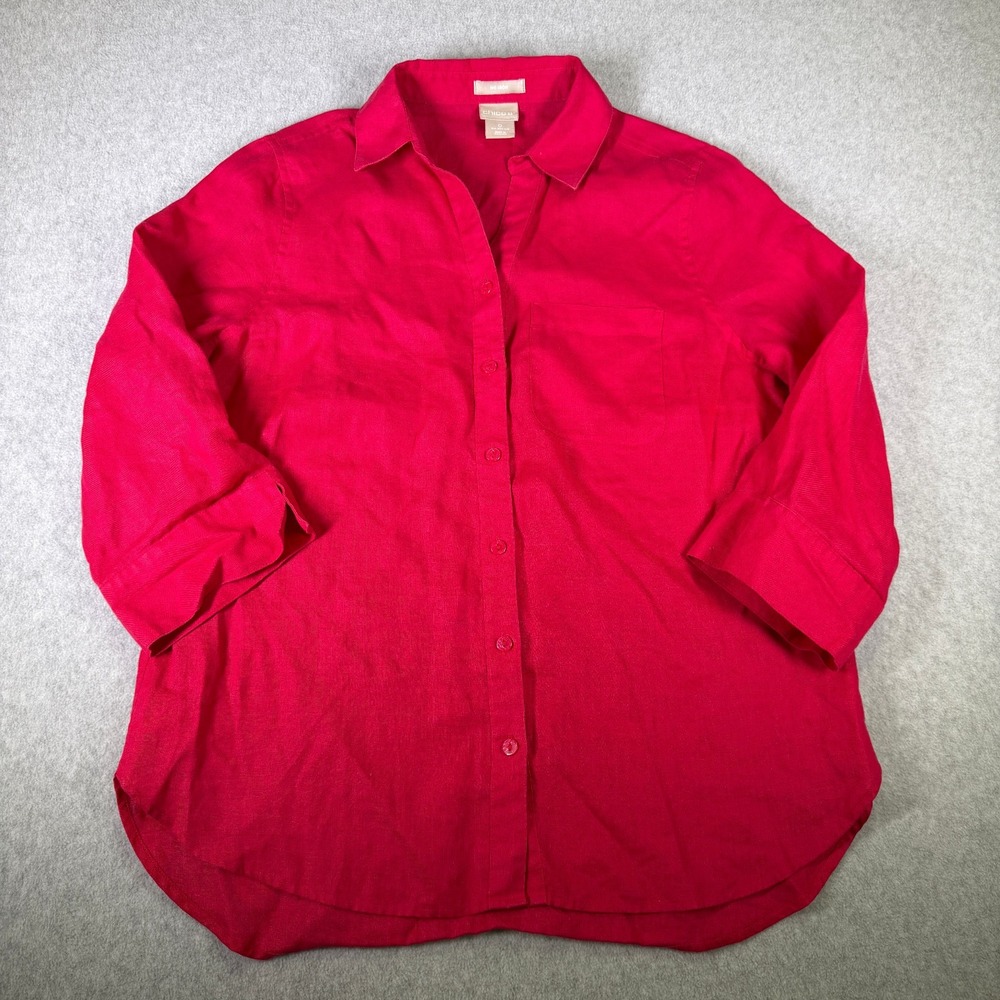 Chicos No Iron Linen Button Down Shirt Red 3/4 Sleeve Size 0 US 4/6 - Picture 2 of 7